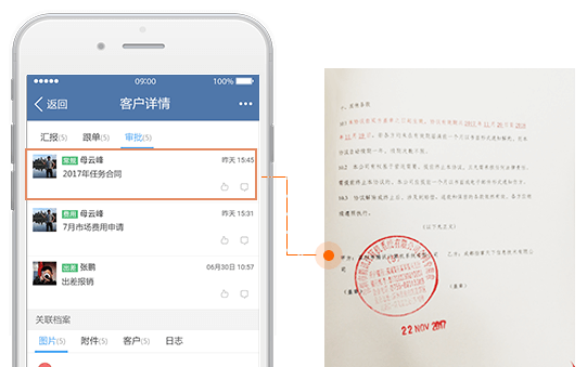 指掌天下互动CRM外勤管理&关联审批:管理与客户的各项审批记录,与客户强关联