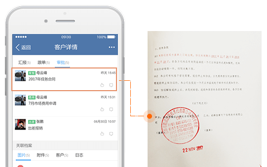 指掌天下互动CRM外勤管理&关联审批：管理与客户的各项审批记录，与客户强关联